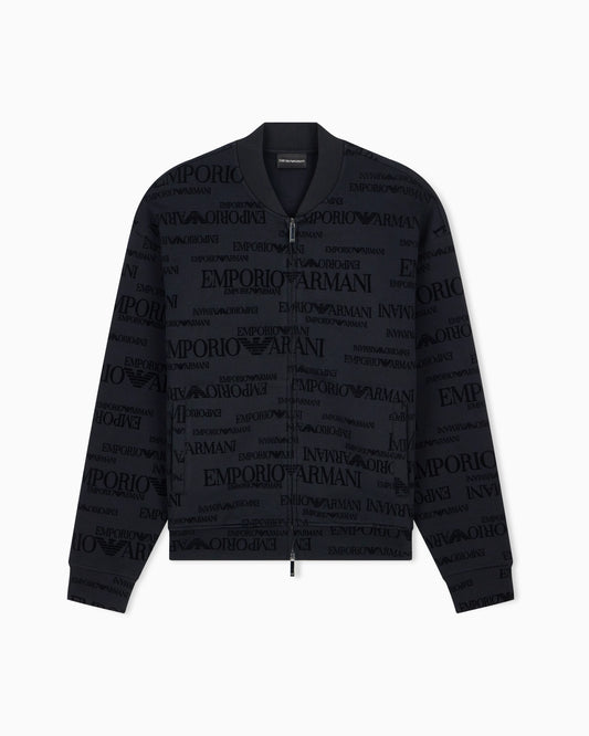 Zip-up sweatshirt in double jersey with all-over flocked logo