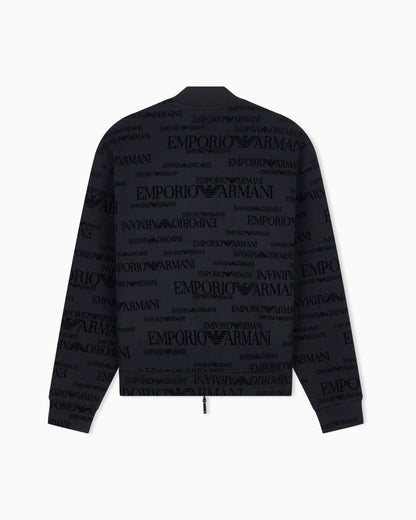 Zip-up sweatshirt in double jersey with all-over flocked logo