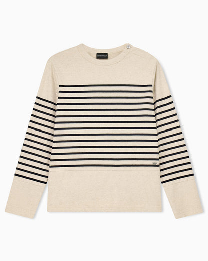 Jumper in striped cotton jersey with shoulder button