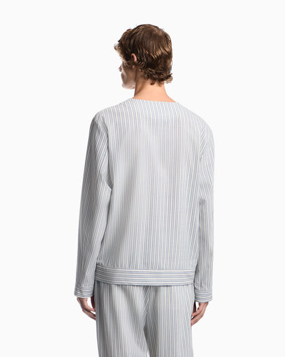 Blouson shirt in striped stretch virgin wool with V-neck