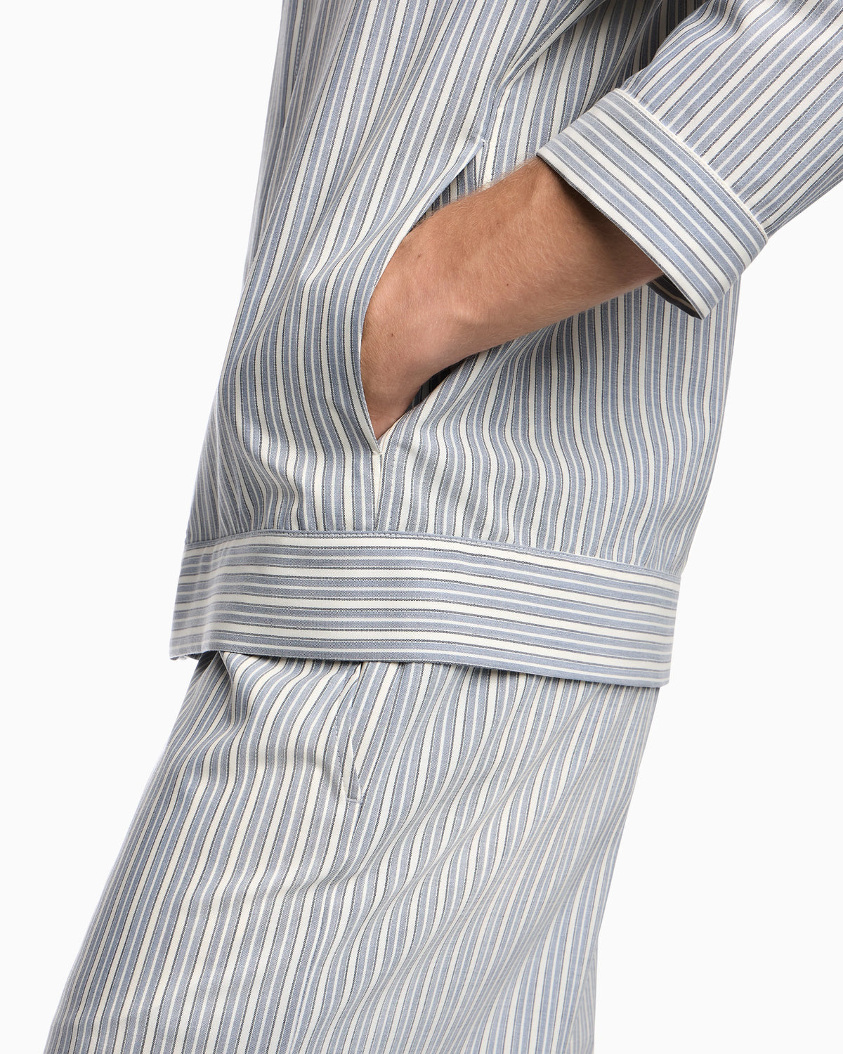 Blouson shirt in striped stretch virgin wool with V-neck