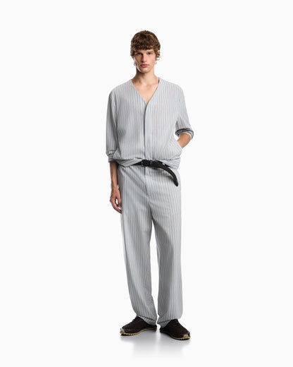 Blouson shirt in striped stretch virgin wool with V-neck