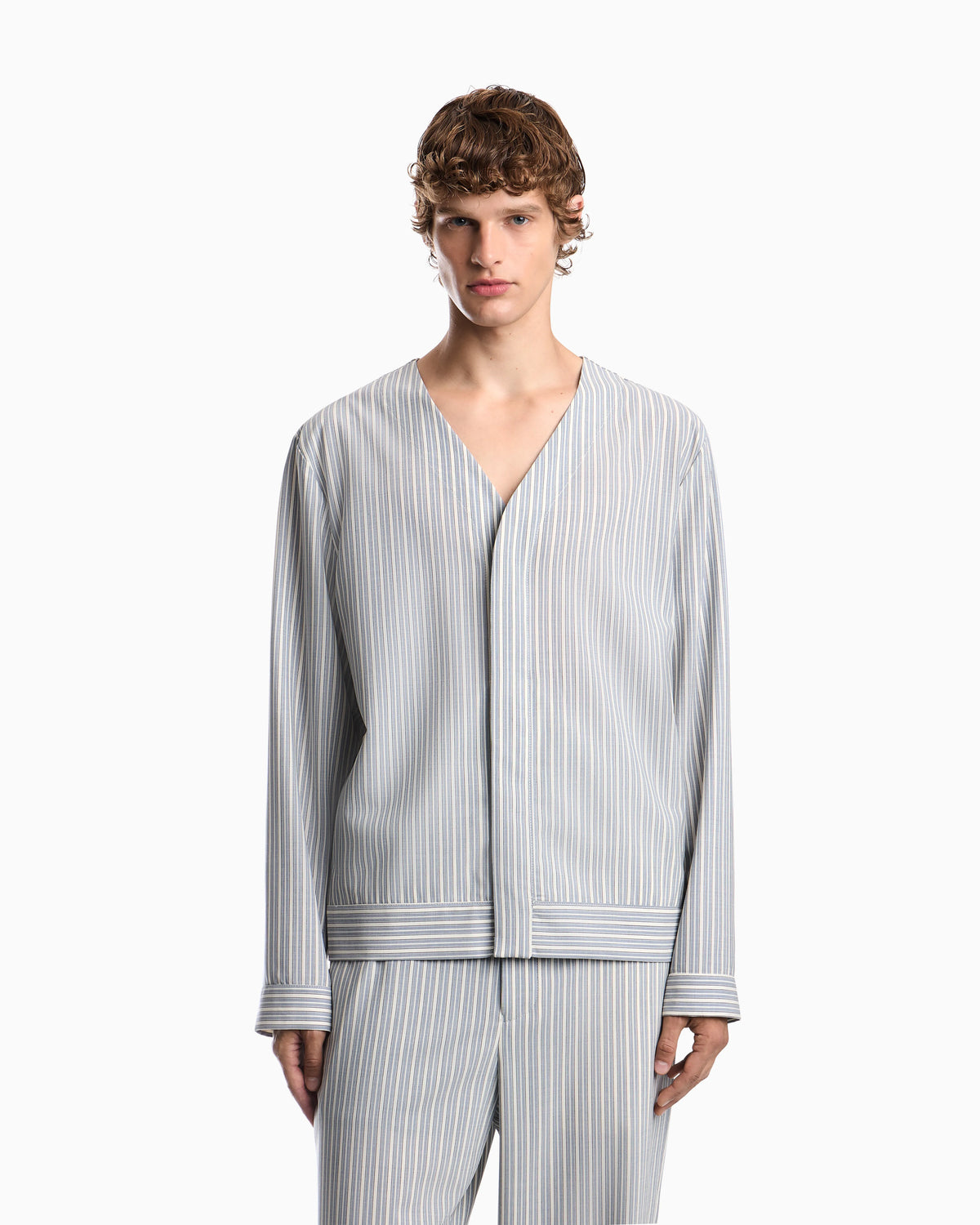 Blouson shirt in striped stretch virgin wool with V-neck