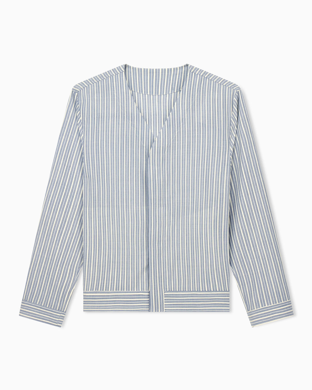 Blouson shirt in striped stretch virgin wool with V-neck