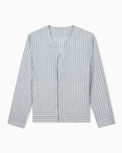 Blouson shirt in striped stretch virgin wool with V-neck