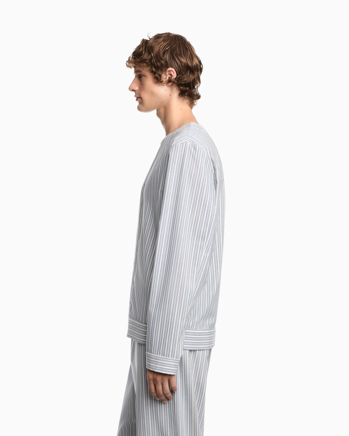 Blouson shirt in striped stretch virgin wool with V-neck