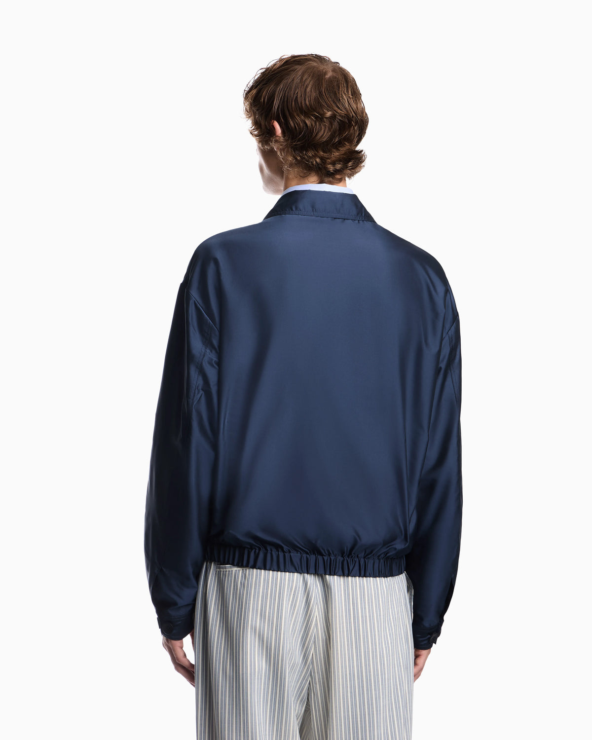 Blouson jacket in satin effect silk with a high collar