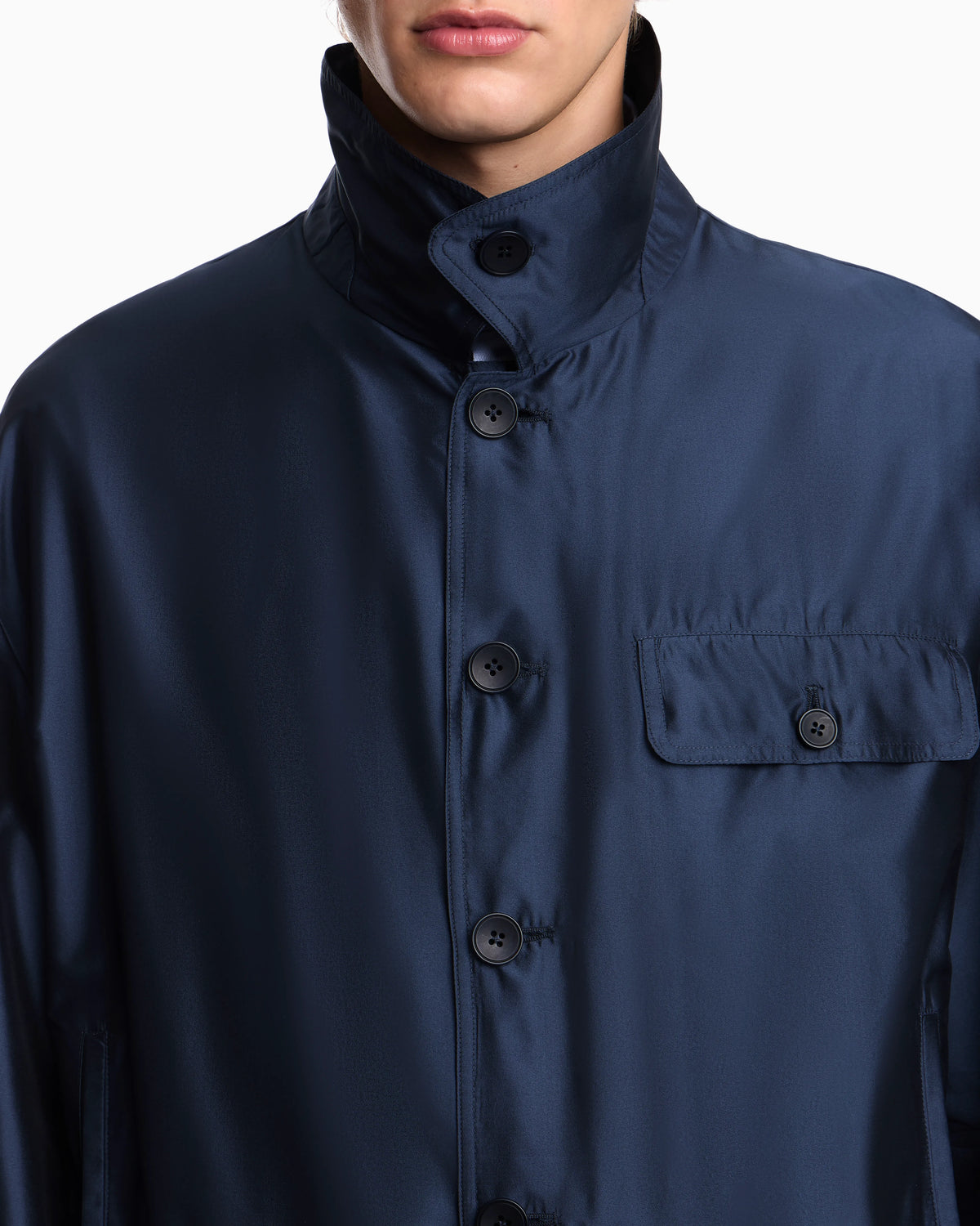 Blouson jacket in satin effect silk with a high collar