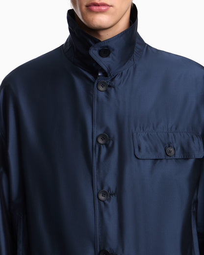 Blouson jacket in satin effect silk with a high collar