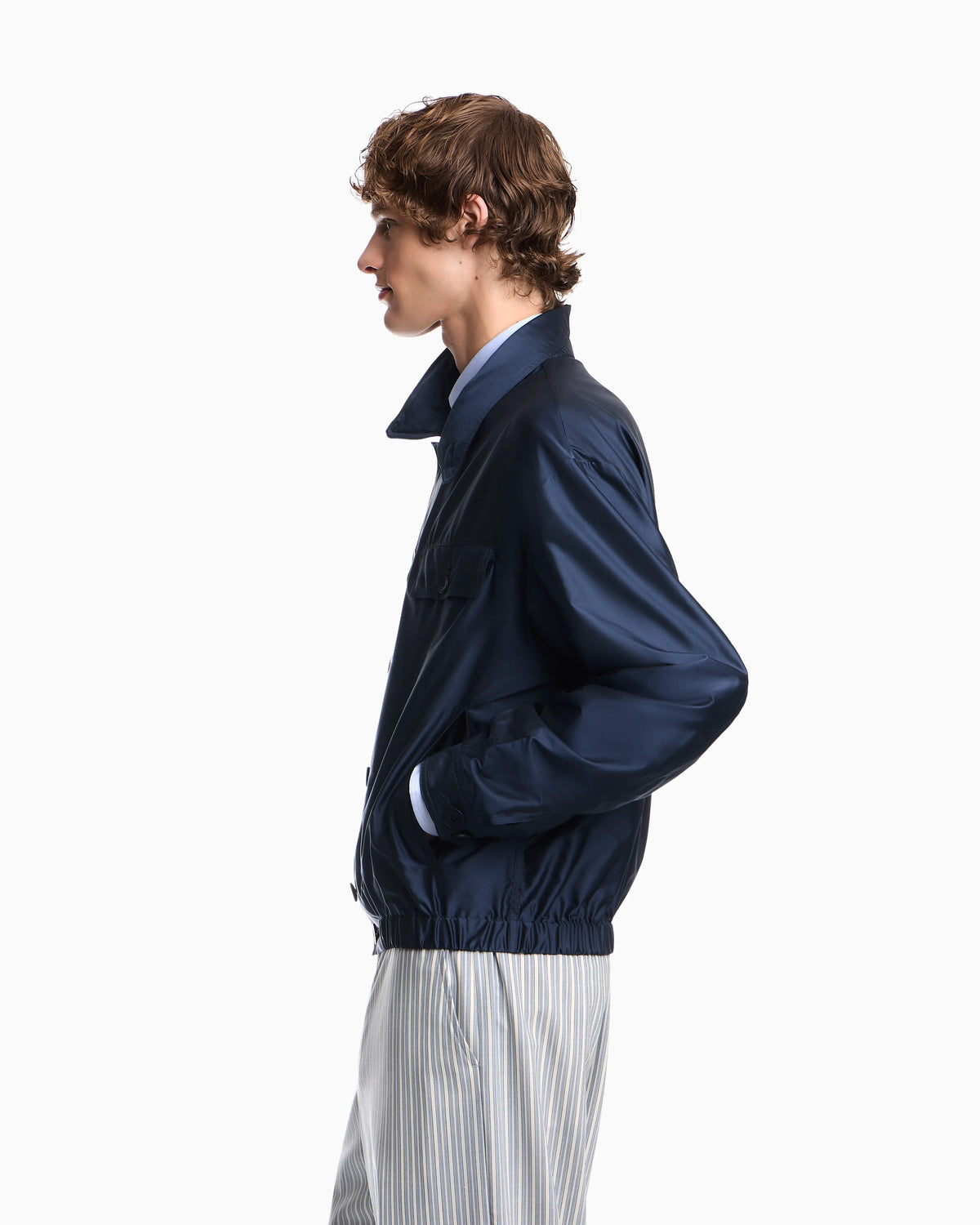 Blouson jacket in satin effect silk with a high collar