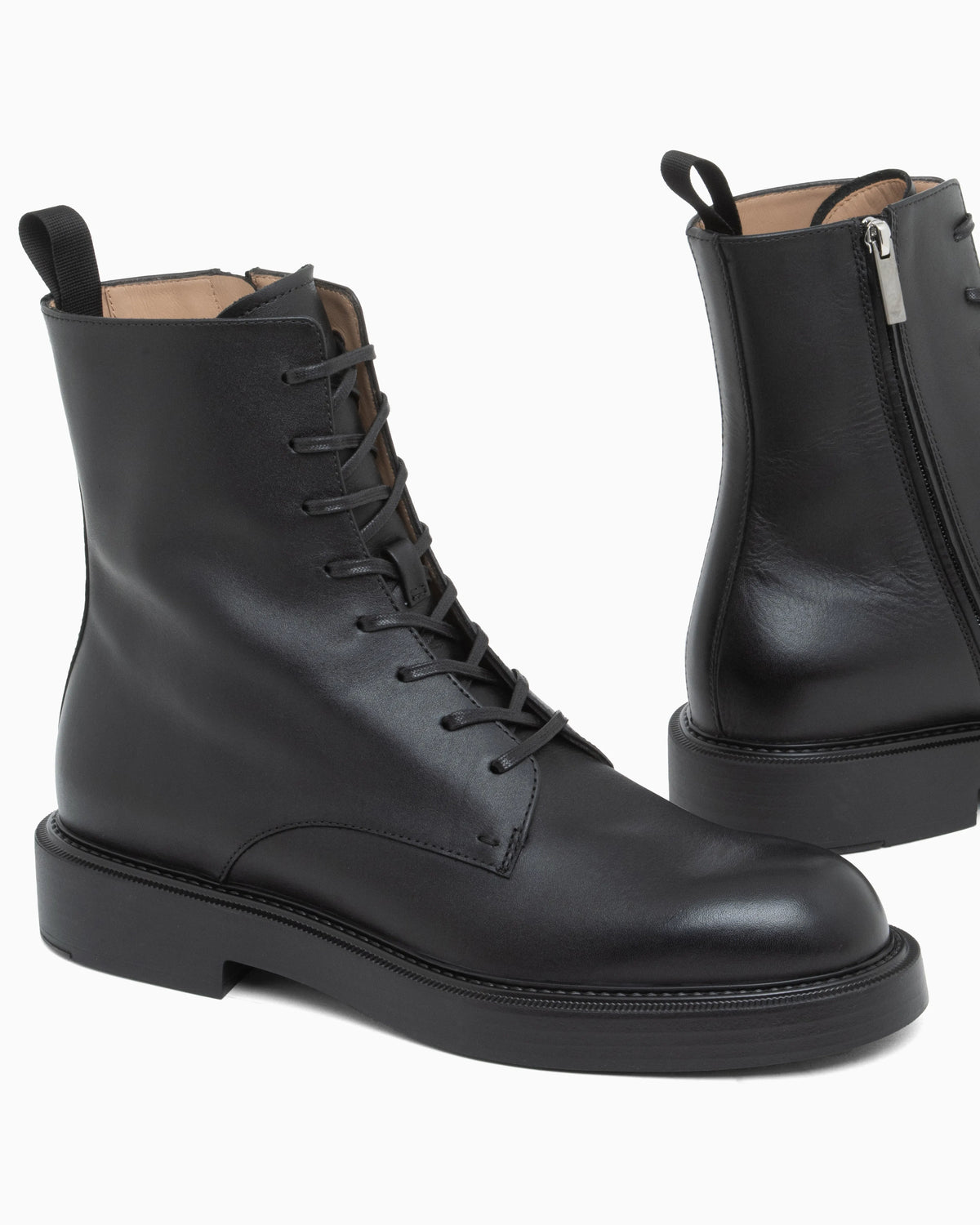 Smooth leather lace-up combat boots with side zipper