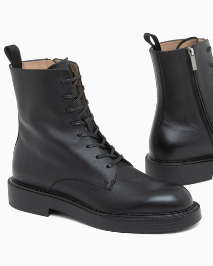 Smooth leather lace-up combat boots with side zipper