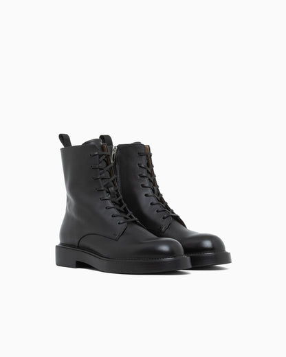 Smooth leather lace-up combat boots with side zipper