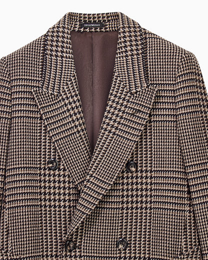 Double-breasted virgin wool coat in Prince of Wales tweed