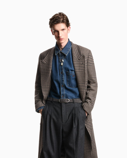 Double-breasted virgin wool coat in Prince of Wales tweed