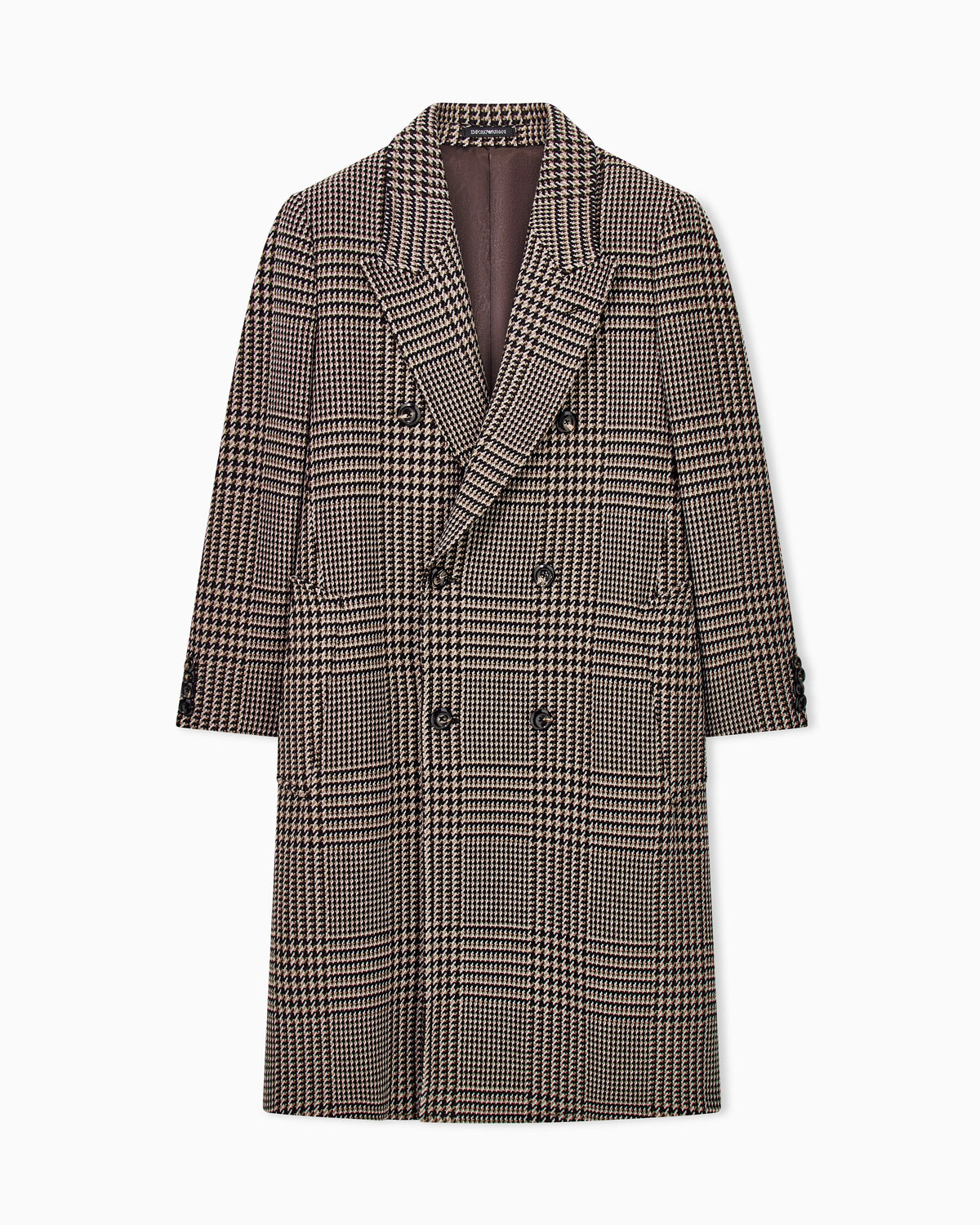 Double-breasted virgin wool coat in Prince of Wales tweed