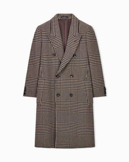 Double-breasted virgin wool coat in Prince of Wales tweed