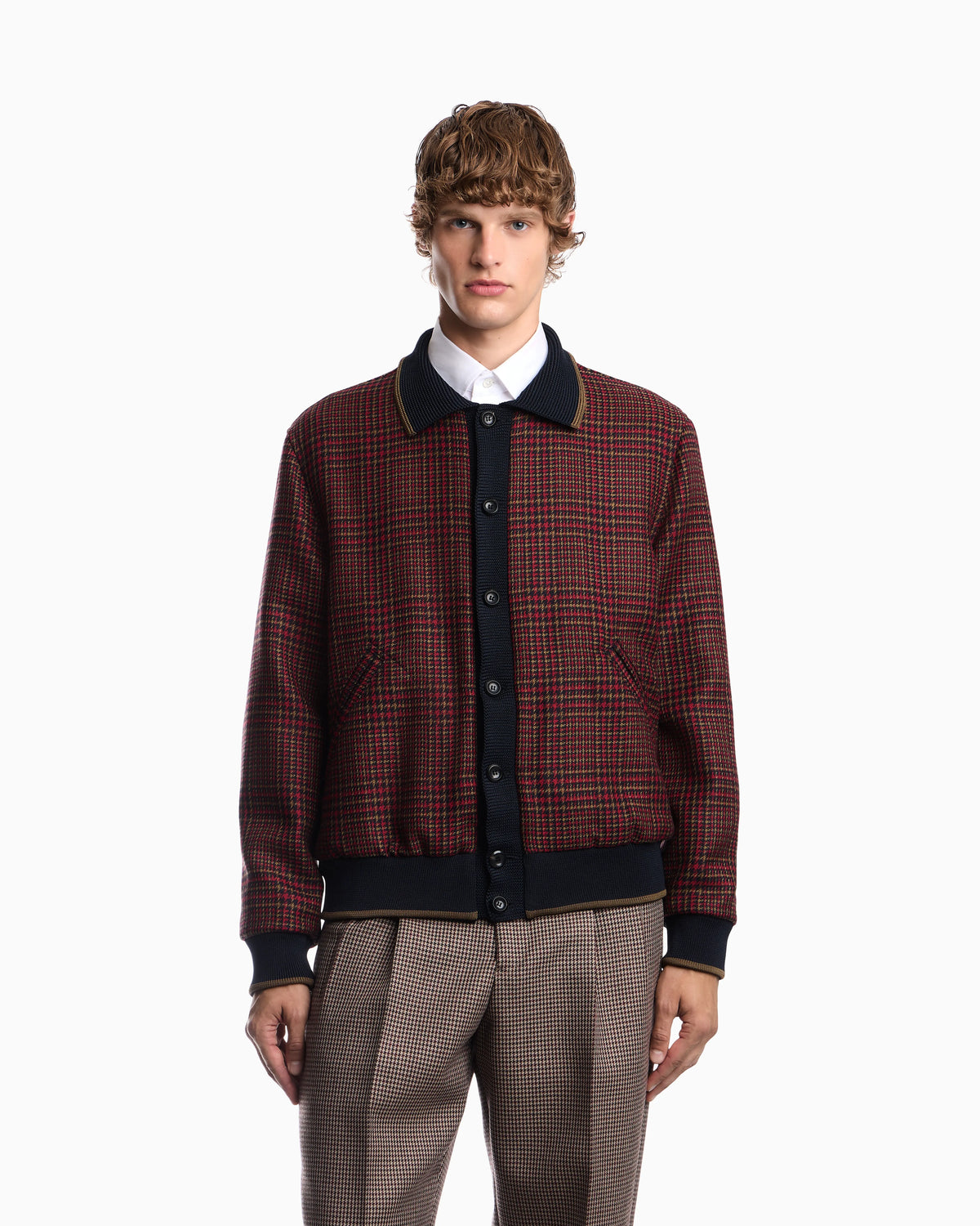 Bomber jacket in virgin wool tweed with ribbed edges