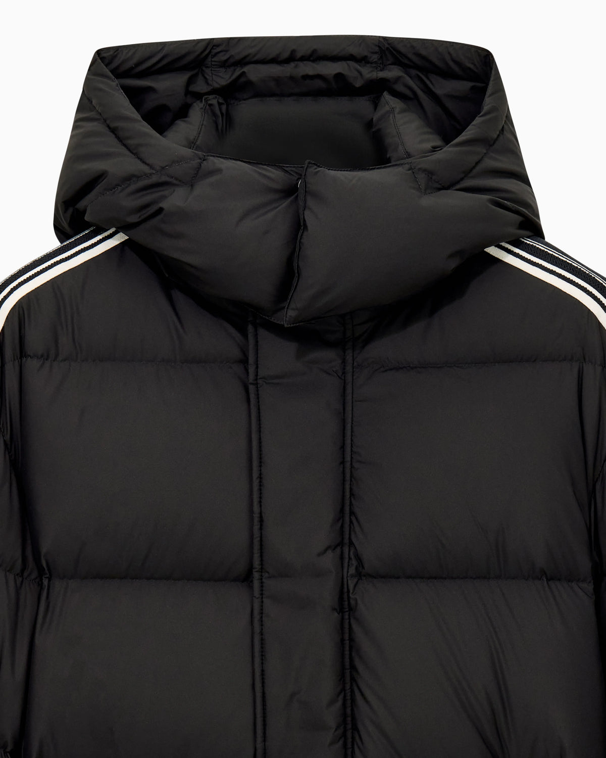 Quilted down jacket with hood and stripes on sleeves