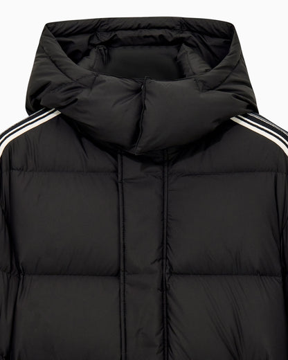 Quilted down jacket with hood and stripes on sleeves