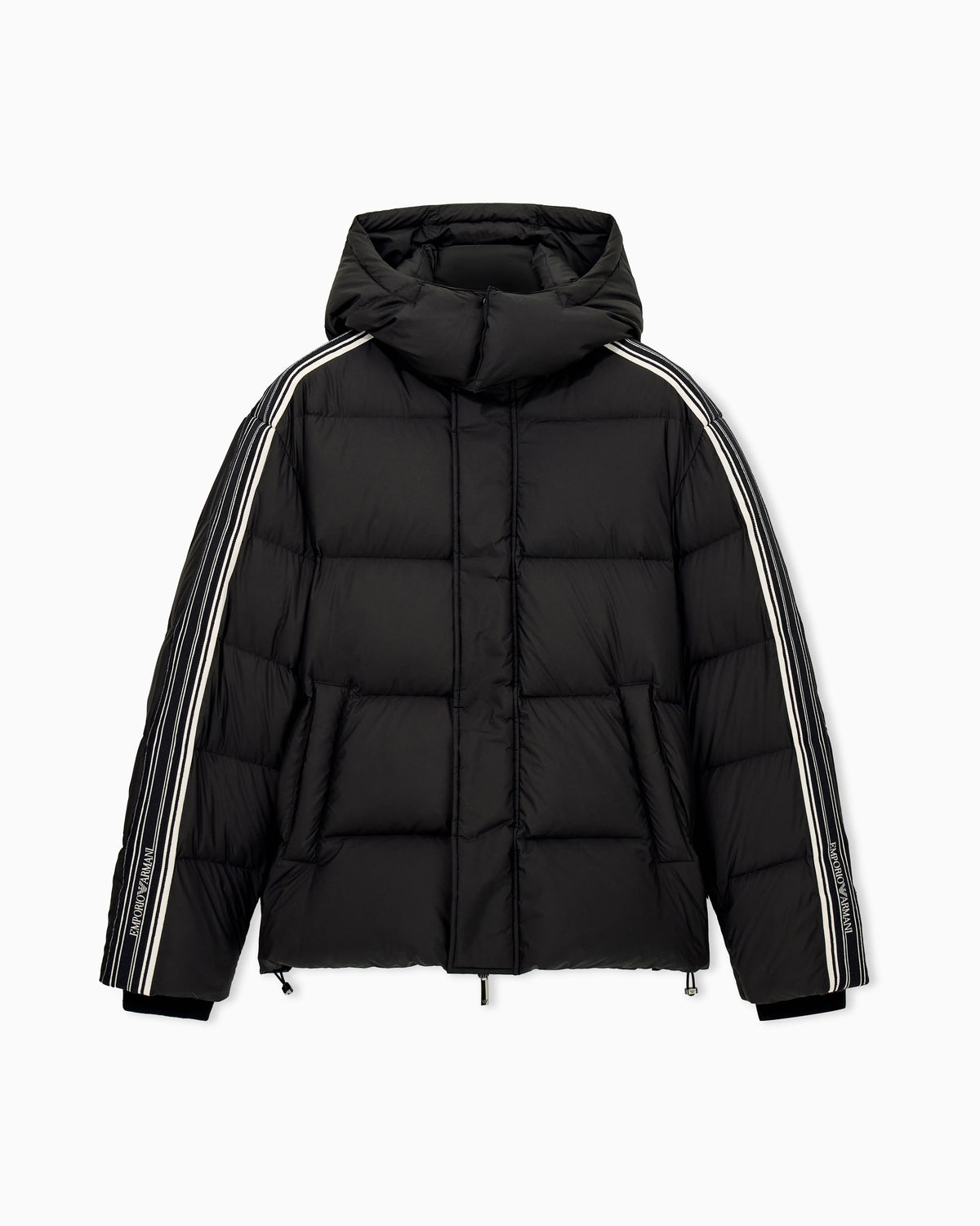 Quilted down jacket with hood and stripes on sleeves
