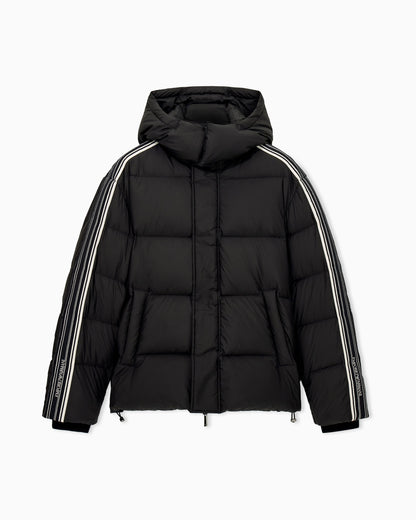 Quilted down jacket with hood and stripes on sleeves