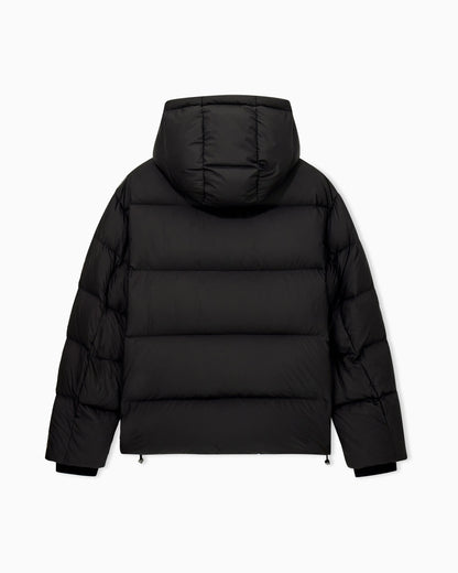 Quilted down jacket with hood and stripes on sleeves
