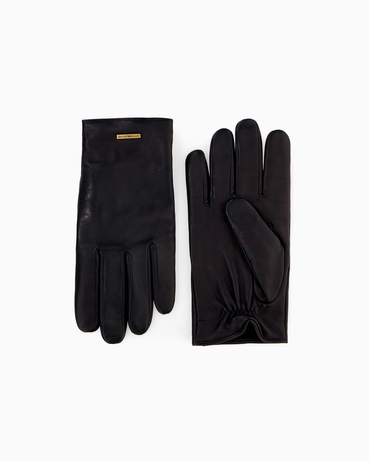 Leather gloves with a metal logo plate and wool lining