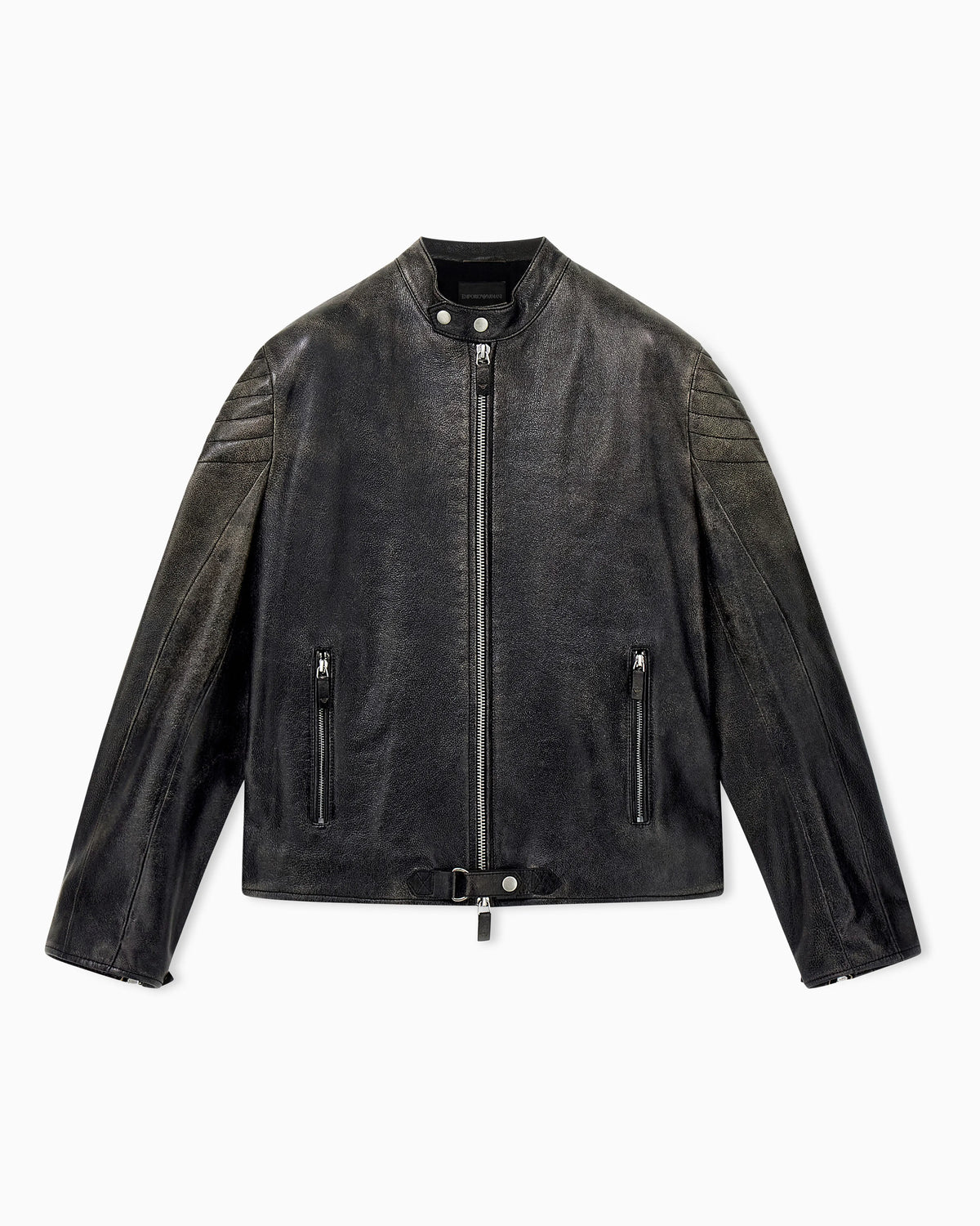 Shiny leather blouson with quilted shoulders and a zip