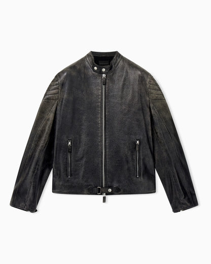 Shiny leather blouson with quilted shoulders and a zip