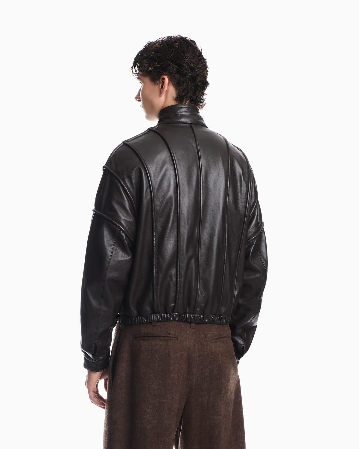 Cropped nappa leather blouson jacket with a stand collar