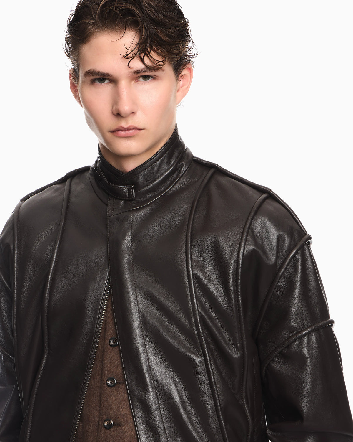 Cropped nappa leather blouson jacket with a stand collar