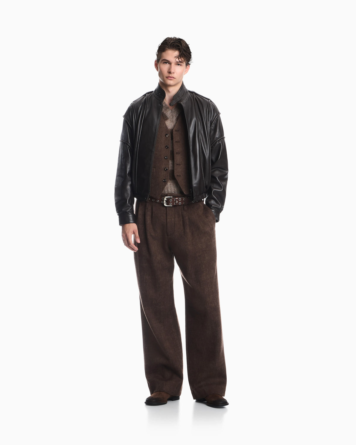 Cropped nappa leather blouson jacket with a stand collar