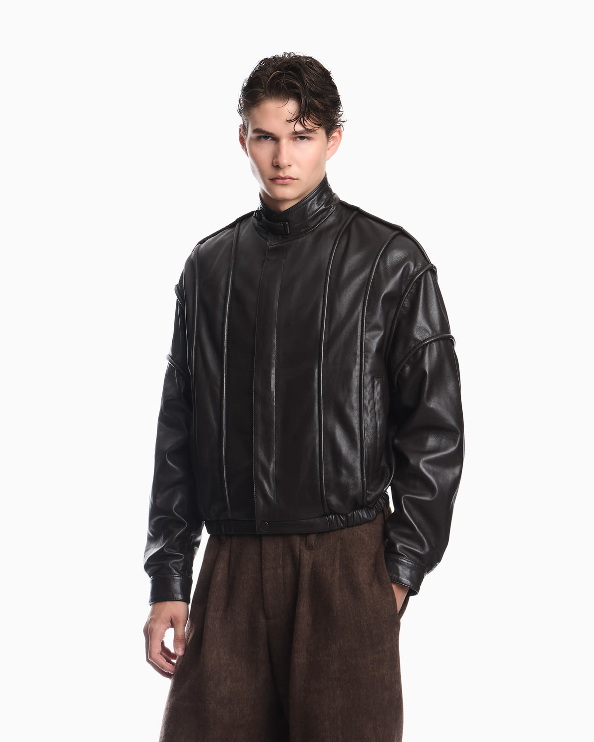 Cropped nappa leather blouson jacket with a stand collar