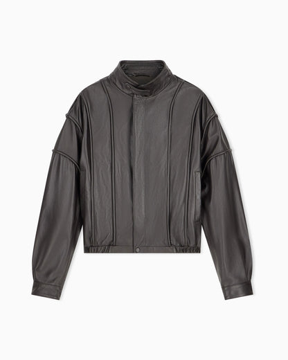 Cropped nappa leather blouson jacket with a stand collar