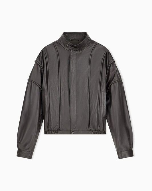 Cropped nappa leather blouson jacket with a stand collar