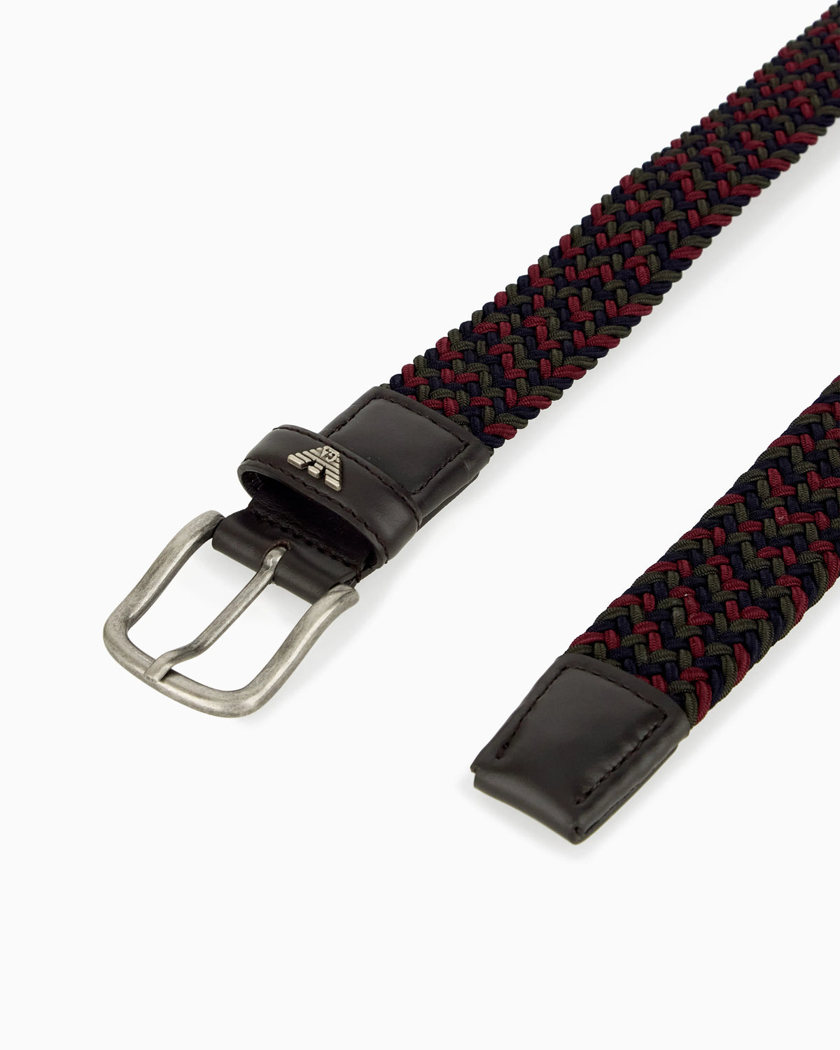 Braided tongue belt with a metal buckle and leather details