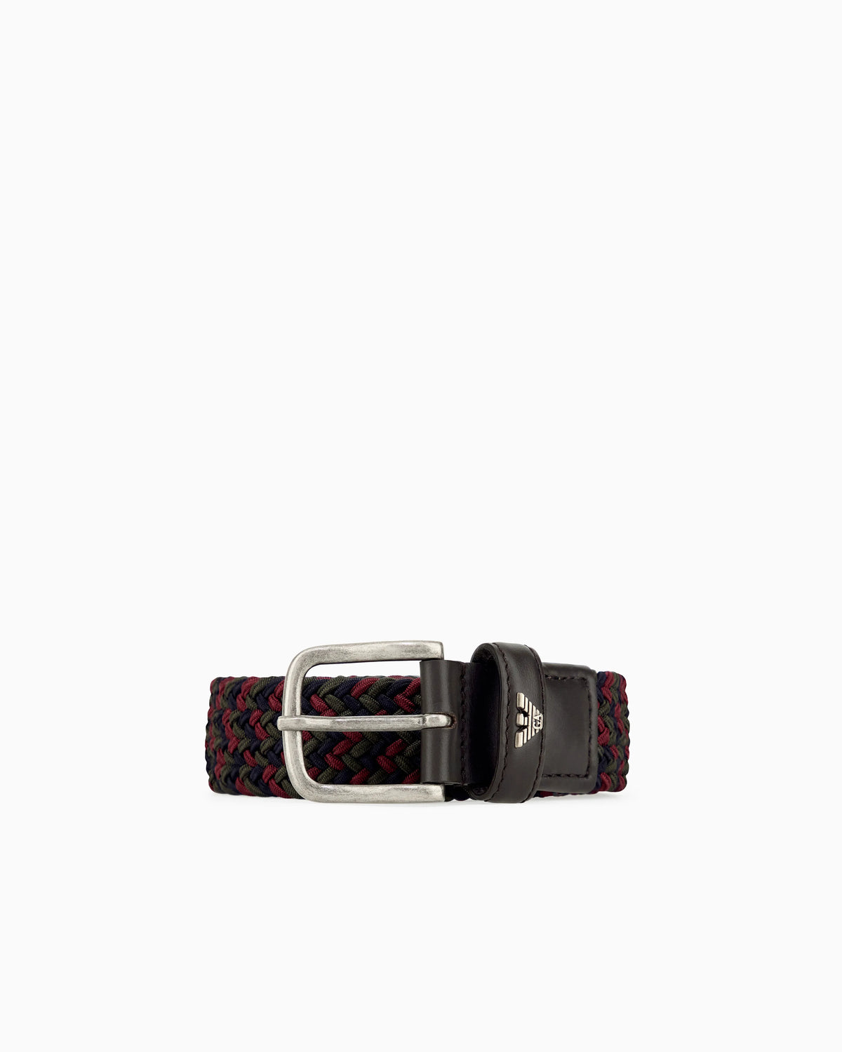 Braided tongue belt with a metal buckle and leather details