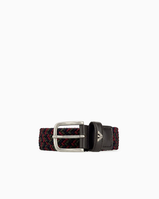 Braided tongue belt with a metal buckle and leather details