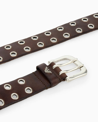Leather belt with studded eyelets