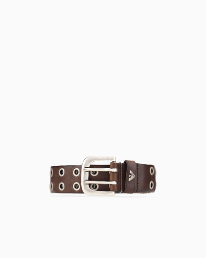 Leather belt with studded eyelets