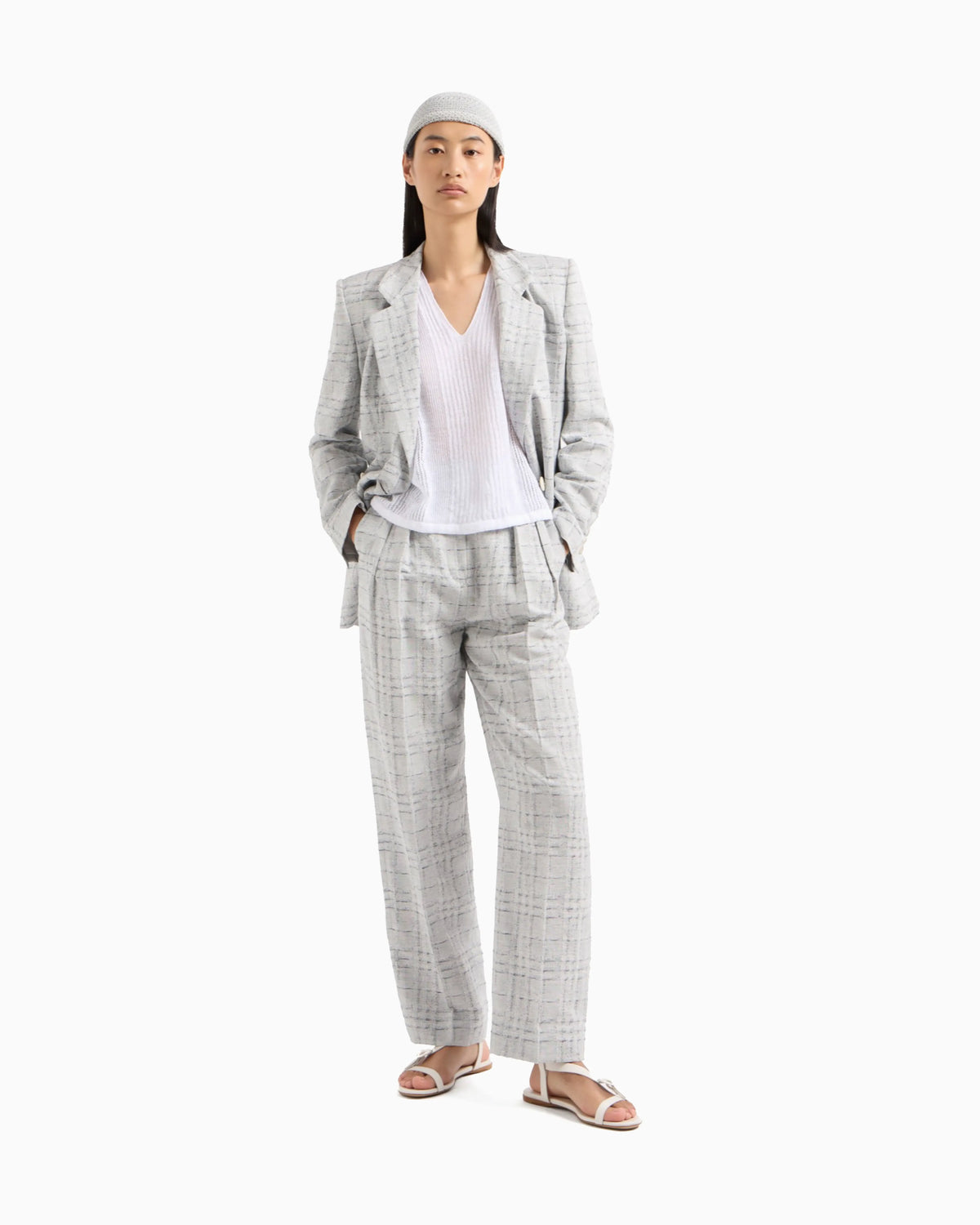 Icon double-breasted linen-blend blazer with a check motif