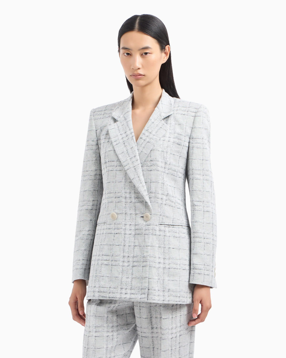 Icon double-breasted linen-blend blazer with a check motif