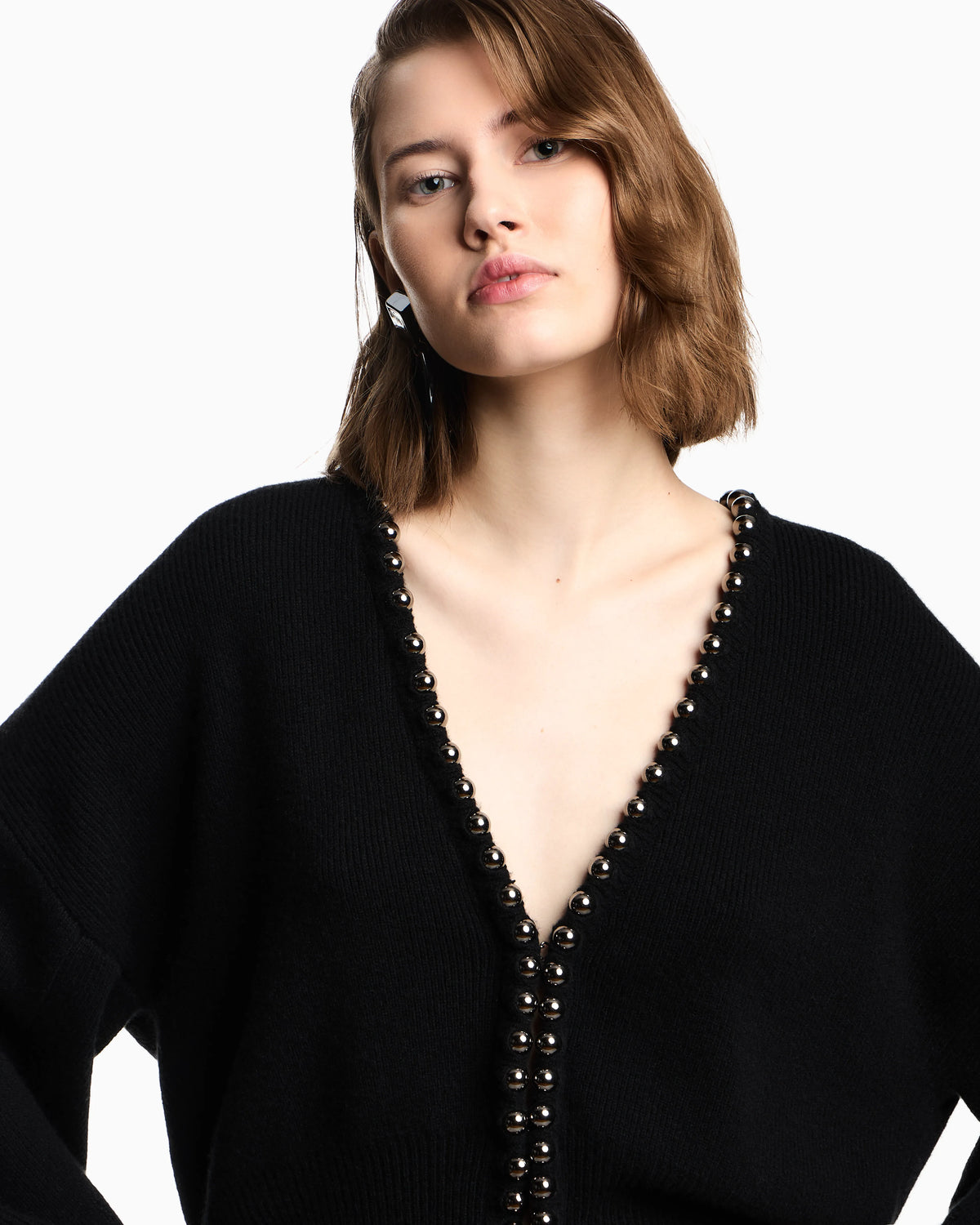Virgin wool and cashmere cardigan with oversized metal spheres