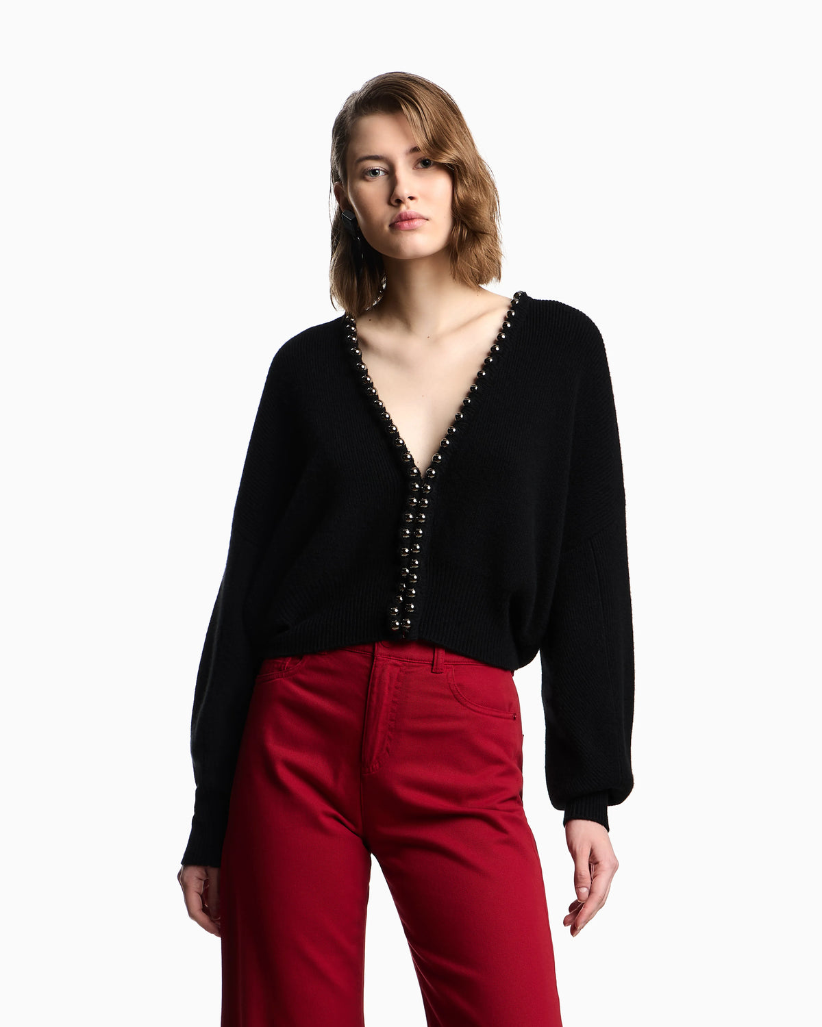 Virgin wool and cashmere cardigan with oversized metal spheres