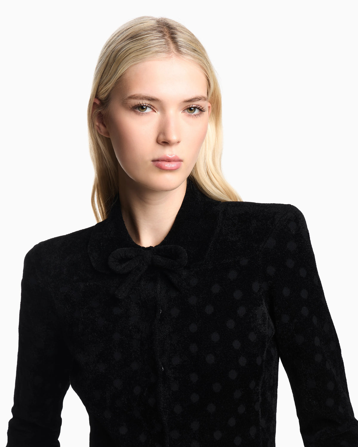 Polka-dot jacquard bonded chenille jacket with bow