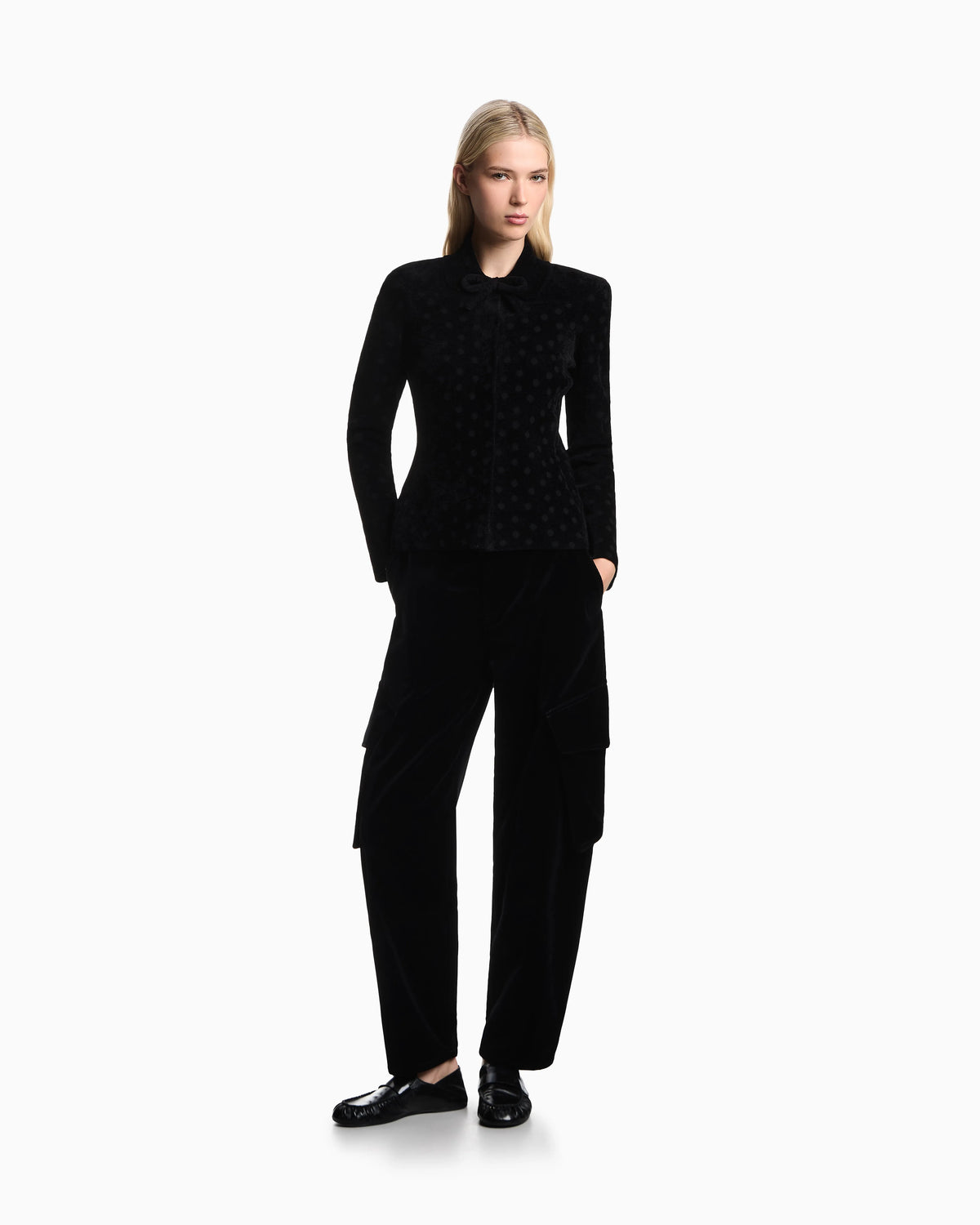 Polka-dot jacquard bonded chenille jacket with bow