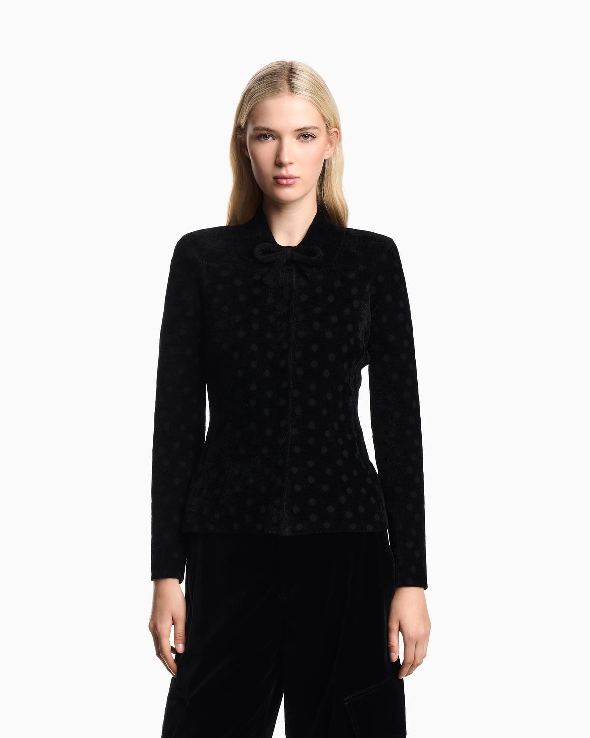 Polka-dot jacquard bonded chenille jacket with bow