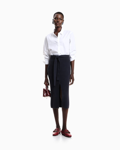 Wool long skirt with slit and belt