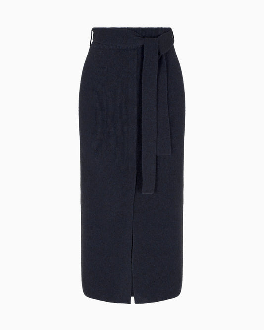Wool long skirt with slit and belt